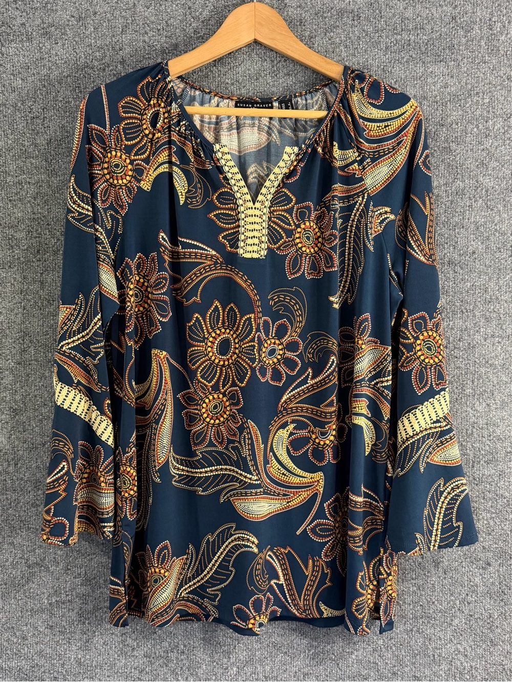 Susan Graver Womens Large Liquid Knit Navy Paisley Floral Beaded V-Neck Boho